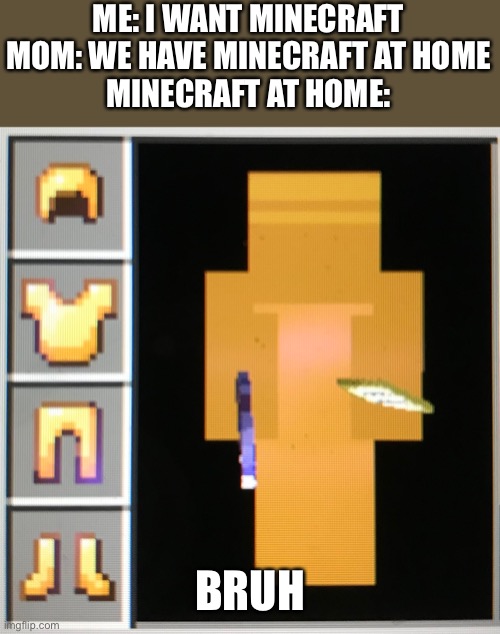 Step up your game, education edition | ME: I WANT MINECRAFT
MOM: WE HAVE MINECRAFT AT HOME
MINECRAFT AT HOME:; BRUH | image tagged in minecraft,minecraft memes,minecraft steve,wtf | made w/ Imgflip meme maker