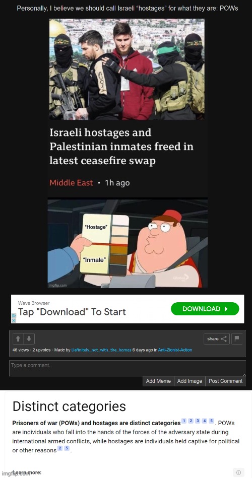 Ah yes, classic Pro Hamas people not understanding the difference between hostages and POWs. | image tagged in stupid people,israel,palestine,pows,hostage | made w/ Imgflip meme maker