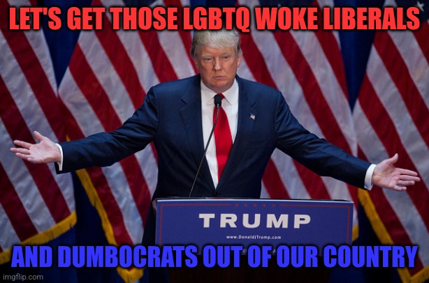 They don't belong ! | LET'S GET THOSE LGBTQ WOKE LIBERALS; AND DUMBOCRATS OUT OF OUR COUNTRY | image tagged in donald trump | made w/ Imgflip meme maker