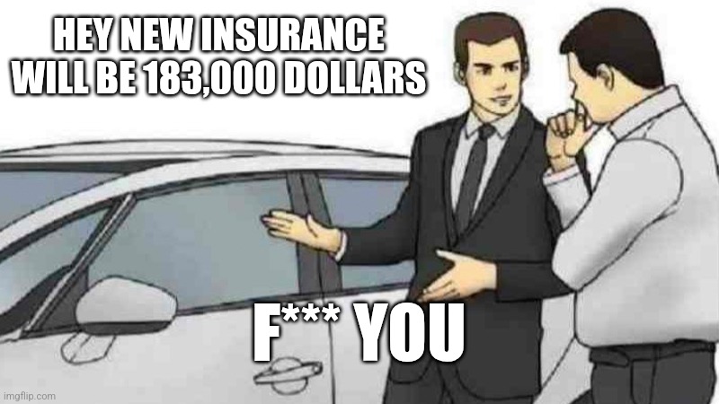 Car Salesman Slaps Roof Of Car | HEY NEW INSURANCE WILL BE 183,000 DOLLARS; F*** YOU | image tagged in memes,car salesman slaps roof of car | made w/ Imgflip meme maker