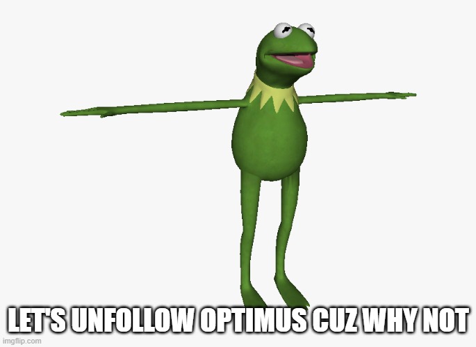 T Pose Kermit | LET'S UNFOLLOW OPTIMUS CUZ WHY NOT | image tagged in t pose kermit | made w/ Imgflip meme maker