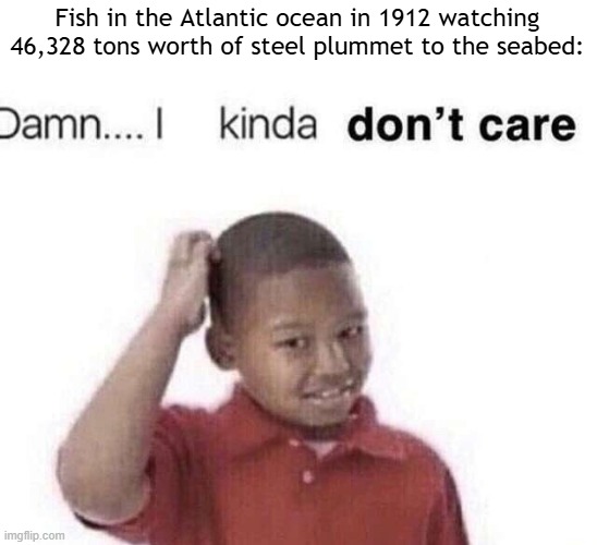 I found fish in the Atlantic ocean in 1912 | Fish in the Atlantic ocean in 1912 watching 46,328 tons worth of steel plummet to the seabed: | image tagged in damn i kinda dont care,memes,funny | made w/ Imgflip meme maker