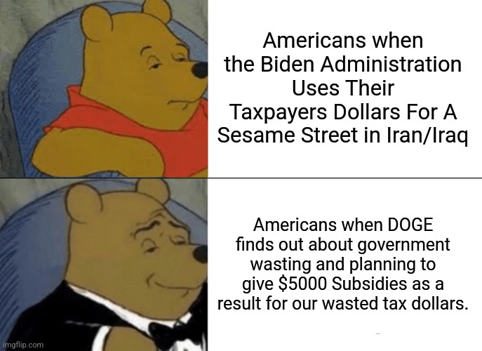 Imma Be Getting RICH (If they pass it) | Americans when the Biden Administration Uses Their Taxpayers Dollars For A Sesame Street in Iran/Iraq; Americans when DOGE finds out about government wasting and planning to give $5000 Subsidies as a result for our wasted tax dollars. | image tagged in memes,tuxedo winnie the pooh | made w/ Imgflip meme maker