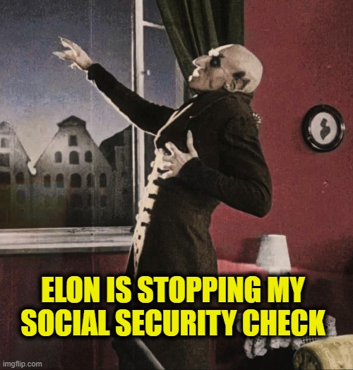 Elon drove a steak through my heart! | ELON IS STOPPING MY
SOCIAL SECURITY CHECK | image tagged in elon musk | made w/ Imgflip meme maker