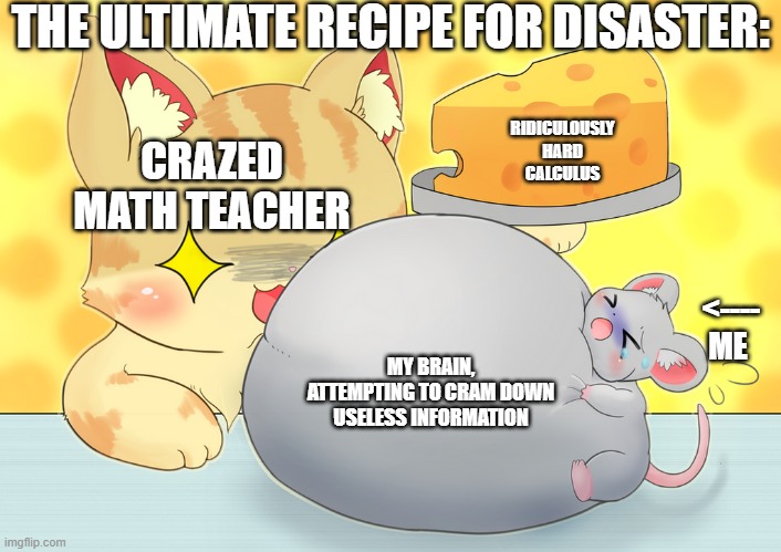 Ultimate Recipe for Disaster | THE ULTIMATE RECIPE FOR DISASTER:; RIDICULOUSLY HARD CALCULUS; CRAZED MATH TEACHER; <---- ME; MY BRAIN, ATTEMPTING TO CRAM DOWN USELESS INFORMATION | image tagged in cat,mouse,calculus,animals | made w/ Imgflip meme maker