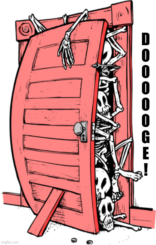 Closet Of Skeletons Bursting Door | D
O
O
O
O
O
G
E
! | image tagged in closet of skeletons bursting door | made w/ Imgflip meme maker