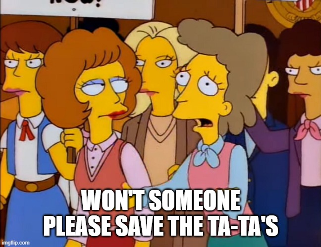 Helen Lovejoy - Won't someone PLEASE think of the children? | WON'T SOMEONE PLEASE SAVE THE TA-TA'S | image tagged in helen lovejoy - won't someone please think of the children | made w/ Imgflip meme maker