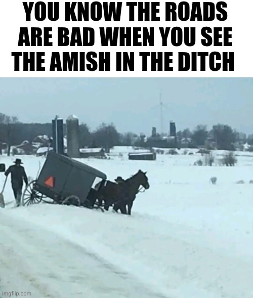 You Know The Roads Are Bad When You See The Amish In The Ditch | YOU KNOW THE ROADS ARE BAD WHEN YOU SEE THE AMISH IN THE DITCH | image tagged in chris joines | made w/ Imgflip meme maker