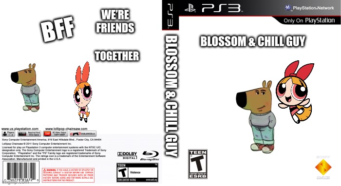 Blossom And Chill Guy | BFF; WE’RE FRIENDS; TOGETHER; BLOSSOM & CHILL GUY; BLOSSOM & CHILL GUY | image tagged in blank ps3 game cover | made w/ Imgflip meme maker