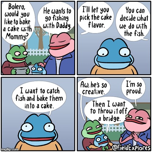 image tagged in frogs,parents,cake,fishing,bridge,creative | made w/ Imgflip meme maker