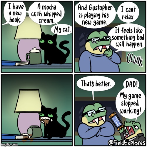 I hope everyone's having a great weekend! Here's another thread of Gator Days comics! | image tagged in alligators,dad,book,mocha,cat,game | made w/ Imgflip meme maker