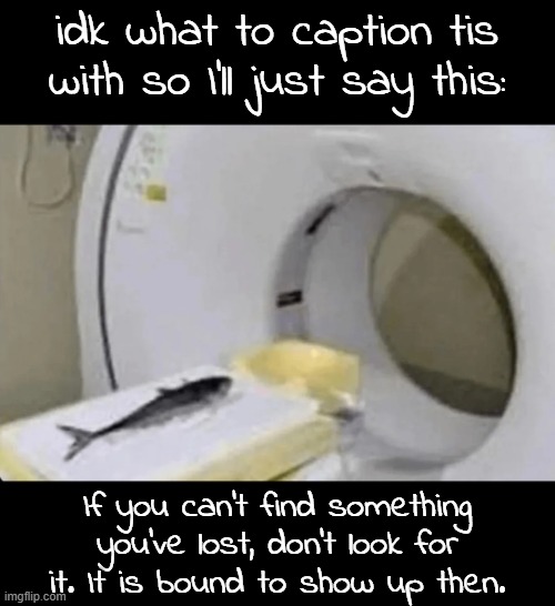 idk what to caption tis with so I'll just say this:; If you can't find something you've lost, don't look for it. It is bound to show up then. | made w/ Imgflip meme maker