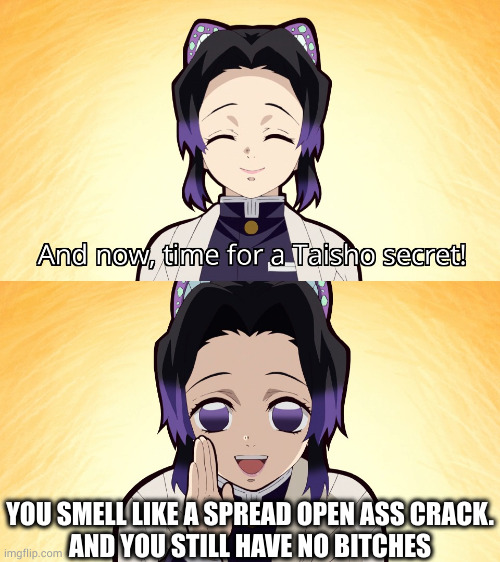 Shinobu Kocho knows everything. | YOU SMELL LIKE A SPREAD OPEN ASS CRACK.
AND YOU STILL HAVE NO BITCHES | image tagged in demon slayer shinobu taisho secret | made w/ Imgflip meme maker