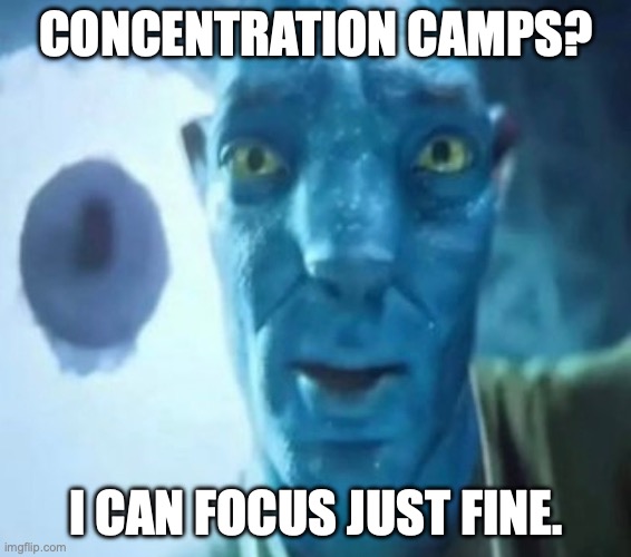 lol | CONCENTRATION CAMPS? I CAN FOCUS JUST FINE. | image tagged in avatar guy,concentration camp | made w/ Imgflip meme maker