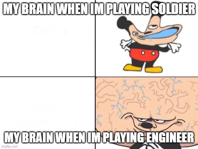 my brain in tf2 be like | MY BRAIN WHEN IM PLAYING SOLDIER; MY BRAIN WHEN IM PLAYING ENGINEER | image tagged in big brain mickey,tf2,tf2 engineer,engineer,soldier | made w/ Imgflip meme maker