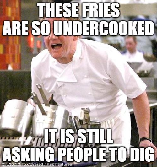 Only true bfdi fans get it | THESE FRIES ARE SO UNDERCOOKED; IT IS STILL ASKING PEOPLE TO DIG | image tagged in memes,chef gordon ramsay,bfdi | made w/ Imgflip meme maker