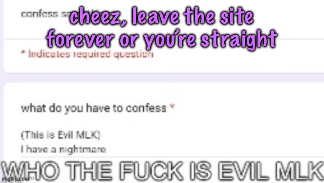 WHO THE FUCK IS EVIL MLK | cheez, leave the site forever or you’re straight | image tagged in who the fuck is evil mlk | made w/ Imgflip meme maker