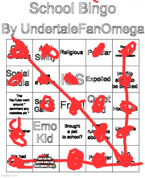 school bingo (idk what to put here) | BRO THE HOT CHEETO GIRLS ARE EVERYWHERE I GO😭 | image tagged in school bingo | made w/ Imgflip meme maker