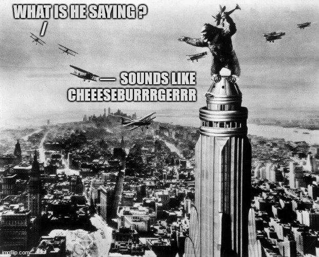 Hangry | WHAT IS HE SAYING ?
   /; —  SOUNDS LIKE
CHEEESEBURRRGERRR; DJ Anomalous | image tagged in king kong,new york,hungry,cheeseburger,100 years old | made w/ Imgflip meme maker