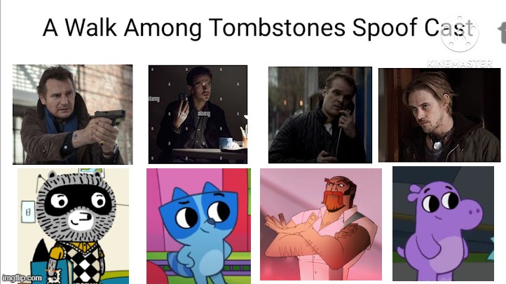 Credit to Mico the Ninjago Fan 2024 for this used | image tagged in meme,spoof cast,a walk among the tombstones,memes,characters,roles | made w/ Imgflip meme maker