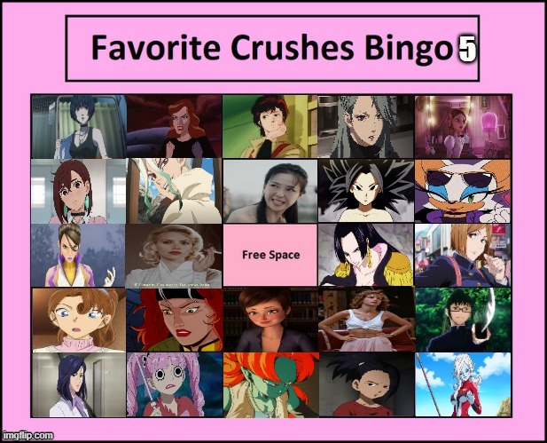 favorite crushes bingo 5 | image tagged in crushes bingo 5,favorites,anime,gaming,comics/cartoons,sexy women | made w/ Imgflip meme maker