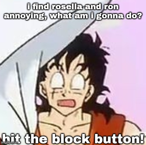 whajajhajajjajdjhaakjshajaa?????!????$?×??#?$**×??? | i find rosella and ron annoying, what am i gonna do? hit the block button! | image tagged in whajajhajajjajdjhaakjshajaa | made w/ Imgflip meme maker