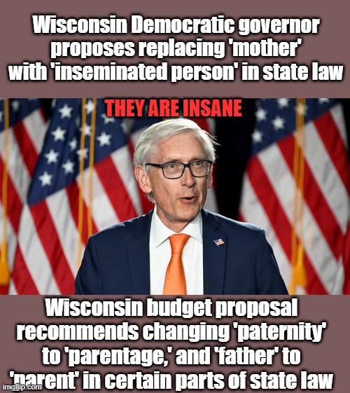 The Wacky dem gov. race is off to a good start.Dems want the family to disappear.I wonder why he hates his mother & father ? | Wisconsin Democratic governor proposes replacing 'mother' with 'inseminated person' in state law; THEY ARE INSANE; Wisconsin budget proposal recommends changing 'paternity' to 'parentage,' and 'father' to 'parent' in certain parts of state law | made w/ Imgflip meme maker
