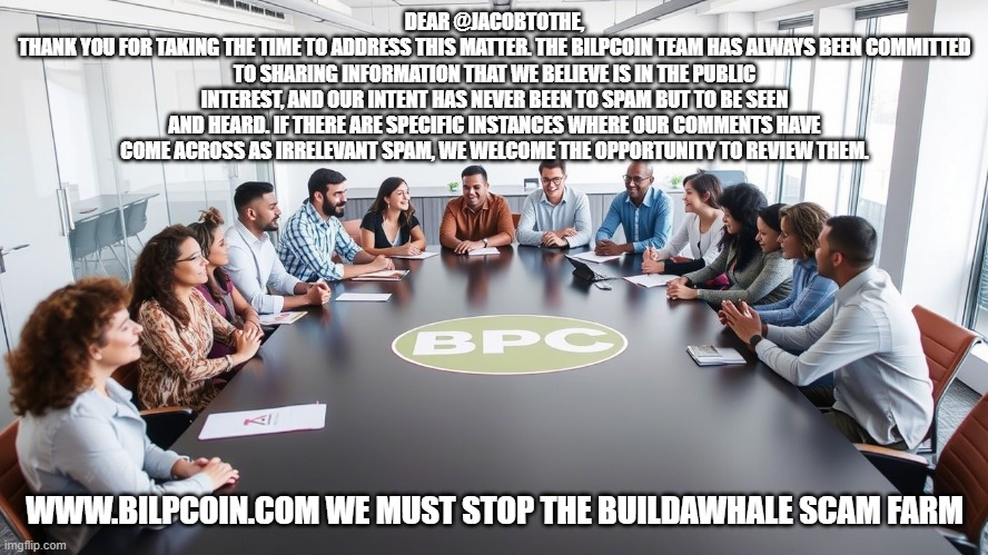 DEAR @JACOBTOTHE,
THANK YOU FOR TAKING THE TIME TO ADDRESS THIS MATTER. THE BILPCOIN TEAM HAS ALWAYS BEEN COMMITTED TO SHARING INFORMATION THAT WE BELIEVE IS IN THE PUBLIC INTEREST, AND OUR INTENT HAS NEVER BEEN TO SPAM BUT TO BE SEEN AND HEARD. IF THERE ARE SPECIFIC INSTANCES WHERE OUR COMMENTS HAVE COME ACROSS AS IRRELEVANT SPAM, WE WELCOME THE OPPORTUNITY TO REVIEW THEM. WWW.BILPCOIN.COM WE MUST STOP THE BUILDAWHALE SCAM FARM | made w/ Imgflip meme maker