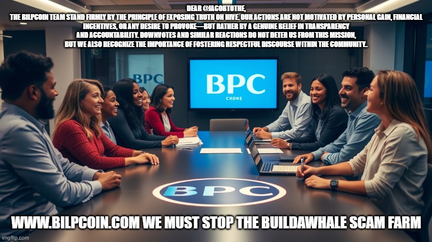 DEAR @JACOBTOTHE,
THE BILPCOIN TEAM STAND FIRMLY BY THE PRINCIPLE OF EXPOSING TRUTH ON HIVE. OUR ACTIONS ARE NOT MOTIVATED BY PERSONAL GAIN, FINANCIAL INCENTIVES, OR ANY DESIRE TO PROVOKE—BUT RATHER BY A GENUINE BELIEF IN TRANSPARENCY AND ACCOUNTABILITY. DOWNVOTES AND SIMILAR REACTIONS DO NOT DETER US FROM THIS MISSION, BUT WE ALSO RECOGNIZE THE IMPORTANCE OF FOSTERING RESPECTFUL DISCOURSE WITHIN THE COMMUNITY.. WWW.BILPCOIN.COM WE MUST STOP THE BUILDAWHALE SCAM FARM | made w/ Imgflip meme maker