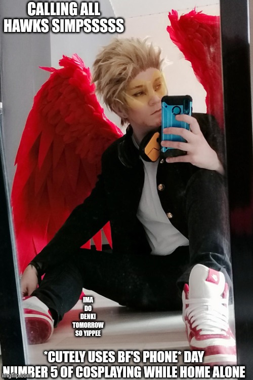 Hawks: *exists* me: IS FOR ME??? ?? | CALLING ALL HAWKS SIMPSSSSS; IMA DO DENKI TOMORROW SO YIPPEE; *CUTELY USES BF'S PHONE* DAY NUMBER 5 OF COSPLAYING WHILE HOME ALONE | image tagged in here,give hawks,some kfc | made w/ Imgflip meme maker