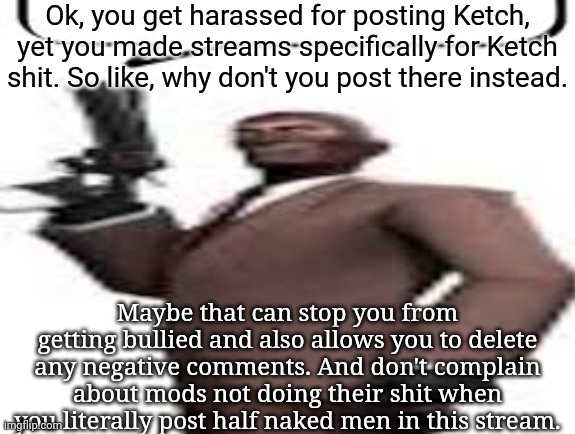 Tf2 spy | Ok, you get harassed for posting Ketch, yet you made streams specifically for Ketch shit. So like, why don't you post there instead. Maybe that can stop you from getting bullied and also allows you to delete any negative comments. And don't complain about mods not doing their shit when you literally post half naked men in this stream. | image tagged in tf2 spy,msmg,memes | made w/ Imgflip meme maker