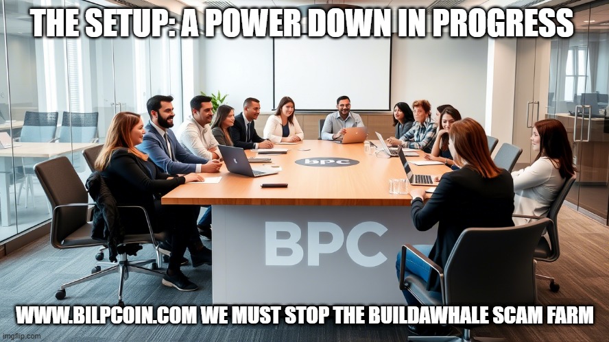 THE SETUP: A POWER DOWN IN PROGRESS; WWW.BILPCOIN.COM WE MUST STOP THE BUILDAWHALE SCAM FARM | made w/ Imgflip meme maker