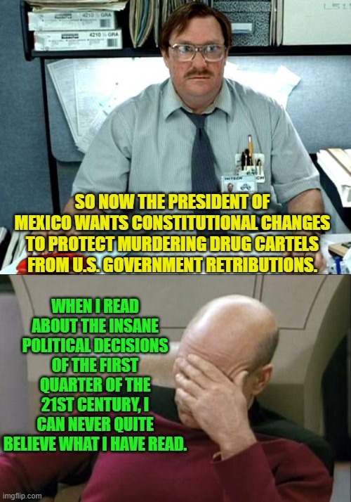 Yeah Mexico, you go ahead and do that.  See what it gets you in response. | SO NOW THE PRESIDENT OF MEXICO WANTS CONSTITUTIONAL CHANGES TO PROTECT MURDERING DRUG CARTELS FROM U.S. GOVERNMENT RETRIBUTIONS. WHEN I READ ABOUT THE INSANE POLITICAL DECISIONS OF THE FIRST QUARTER OF THE 21ST CENTURY, I CAN NEVER QUITE BELIEVE WHAT I HAVE READ. | image tagged in i was told there would be | made w/ Imgflip meme maker