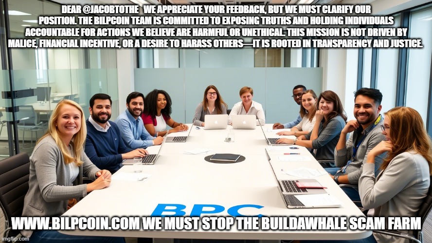DEAR @JACOBTOTHE   WE APPRECIATE YOUR FEEDBACK, BUT WE MUST CLARIFY OUR POSITION. THE BILPCOIN TEAM IS COMMITTED TO EXPOSING TRUTHS AND HOLDING INDIVIDUALS ACCOUNTABLE FOR ACTIONS WE BELIEVE ARE HARMFUL OR UNETHICAL. THIS MISSION IS NOT DRIVEN BY MALICE, FINANCIAL INCENTIVE, OR A DESIRE TO HARASS OTHERS—IT IS ROOTED IN TRANSPARENCY AND JUSTICE. WWW.BILPCOIN.COM WE MUST STOP THE BUILDAWHALE SCAM FARM | made w/ Imgflip meme maker