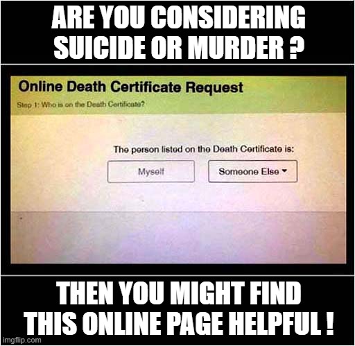 Everything You Need Is Online ! | ARE YOU CONSIDERING SUICIDE OR MURDER ? THEN YOU MIGHT FIND THIS ONLINE PAGE HELPFUL ! | image tagged in online,death certificate,suicide,murder,dark humour | made w/ Imgflip meme maker