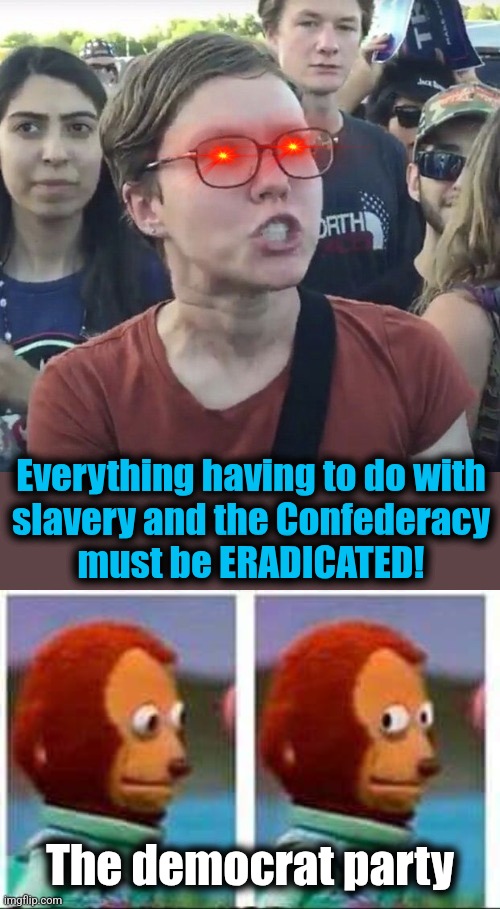 Libs will never learn | Everything having to do with
slavery and the Confederacy
must be ERADICATED! The democrat party | image tagged in triggered feminist,monkey puppet,memes,slavery,democrats,confederacy | made w/ Imgflip meme maker