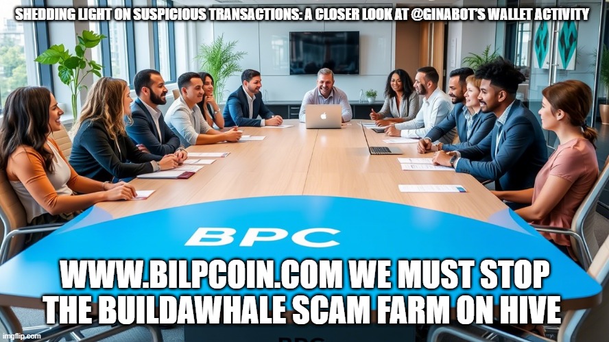 SHEDDING LIGHT ON SUSPICIOUS TRANSACTIONS: A CLOSER LOOK AT @GINABOT’S WALLET ACTIVITY; WWW.BILPCOIN.COM WE MUST STOP THE BUILDAWHALE SCAM FARM ON HIVE | made w/ Imgflip meme maker