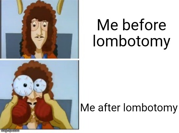 Nasal deconstant testing factory | Me before lombotomy; Me after lombotomy | image tagged in nasal deconstant testing factory | made w/ Imgflip meme maker