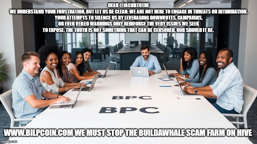 DEAR @JACOBTOTHE
WE UNDERSTAND YOUR FRUSTRATION, BUT LET US BE CLEAR: WE ARE NOT HERE TO ENGAGE IN THREATS OR INTIMIDATION. YOUR ATTEMPTS TO SILENCE US BY LEVERAGING DOWNVOTES, CAMPAIGNS, OR EVEN VEILED WARNINGS ONLY REINFORCE THE VERY ISSUES WE SEEK TO EXPOSE. THE TRUTH IS NOT SOMETHING THAT CAN BE CENSORED, NOR SHOULD IT BE. WWW.BILPCOIN.COM WE MUST STOP THE BUILDAWHALE SCAM FARM ON HIVE | made w/ Imgflip meme maker
