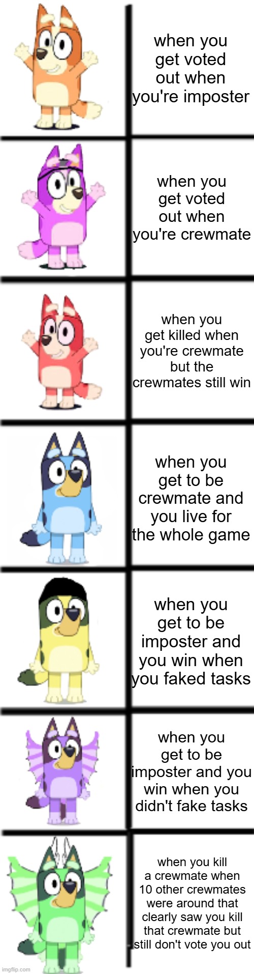 Basically the luck of being crewmate and imposter | when you get voted out when you're imposter; when you get voted out when you're crewmate; when you get killed when you're crewmate but the crewmates still win; when you get to be crewmate and you live for the whole game; when you get to be imposter and you win when you faked tasks; when you get to be imposter and you win when you didn't fake tasks; when you kill a crewmate when 10 other crewmates were around that clearly saw you kill that crewmate but still don't vote you out | image tagged in dogoventures 2 dogs | made w/ Imgflip meme maker