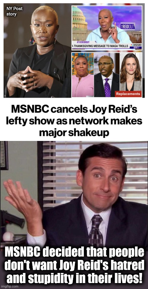 Bye, dumbass! | NY Post
story; MSNBC decided that people don't want Joy Reid's hatred and stupidity in their lives! | image tagged in michael scott,joy reid,msnbc,cancelled,memes,democrats | made w/ Imgflip meme maker