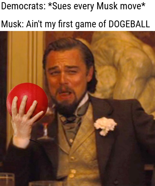 Laughing Leo | Democrats: *Sues every Musk move*; Musk: Ain't my first game of DOGEBALL | image tagged in memes,laughing leo,doge,big government,bad puns | made w/ Imgflip meme maker