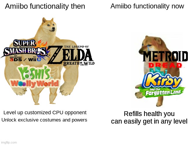 Types of Amiibo surprises | Amiibo functionality then; Amiibo functionality now; Refills health you can easily get in any level; Level up customized CPU opponent; Unlock exclusive costumes and powers | image tagged in memes,buff doge vs cheems,funny,nintendo,gaming | made w/ Imgflip meme maker