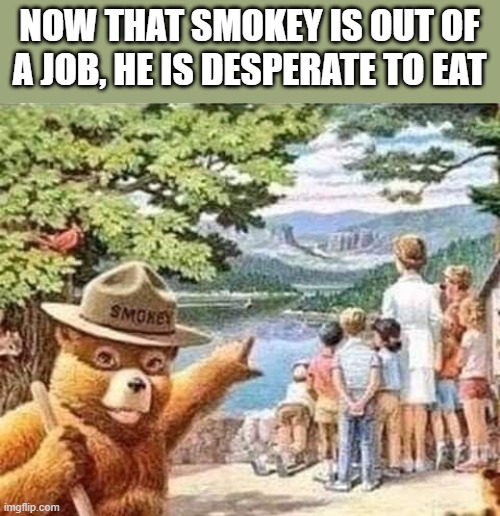 Smokey Got Fired | NOW THAT SMOKEY IS OUT OF A JOB, HE IS DESPERATE TO EAT | image tagged in dark humor | made w/ Imgflip meme maker