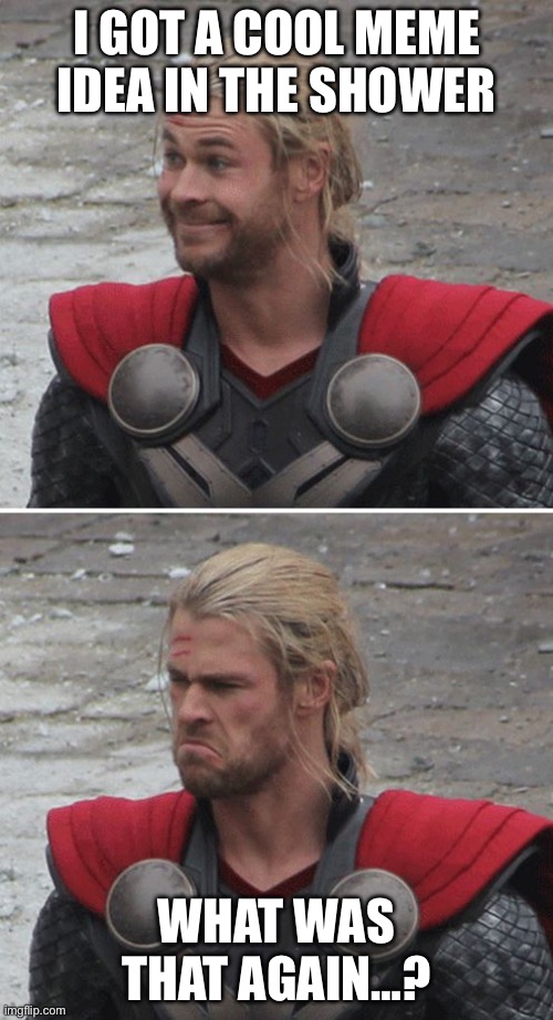 Thor happy then sad | I GOT A COOL MEME IDEA IN THE SHOWER; WHAT WAS THAT AGAIN…? | image tagged in thor happy then sad | made w/ Imgflip meme maker