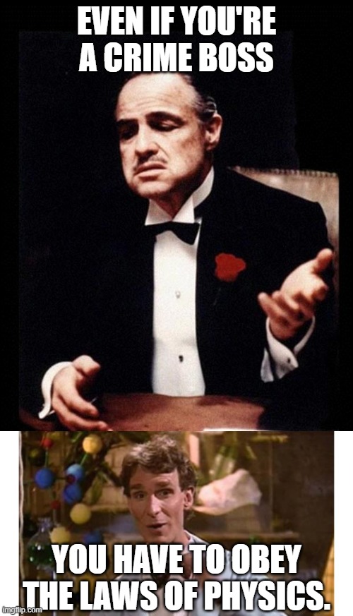 Laws even crime bosses are incapable of breaking | EVEN IF YOU'RE A CRIME BOSS; YOU HAVE TO OBEY
THE LAWS OF PHYSICS. | image tagged in godfather,don vito corelone,marlon brando,bill nye the science guy,disney,laws | made w/ Imgflip meme maker