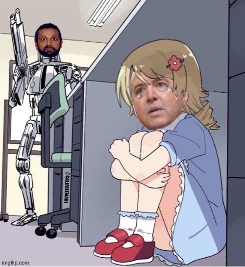 Adam Schiff getting terminated… | image tagged in anime girl hiding from terminator,adam schiff,terminator,maga,democrats,fbi | made w/ Imgflip meme maker