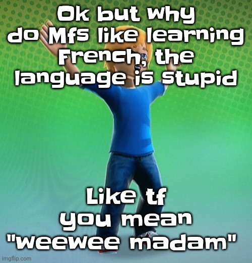 Fucked up mii | Ok but why do Mfs like learning French, the language is stupid; Like tf you mean "weewee madam" | image tagged in fucked up mii | made w/ Imgflip meme maker