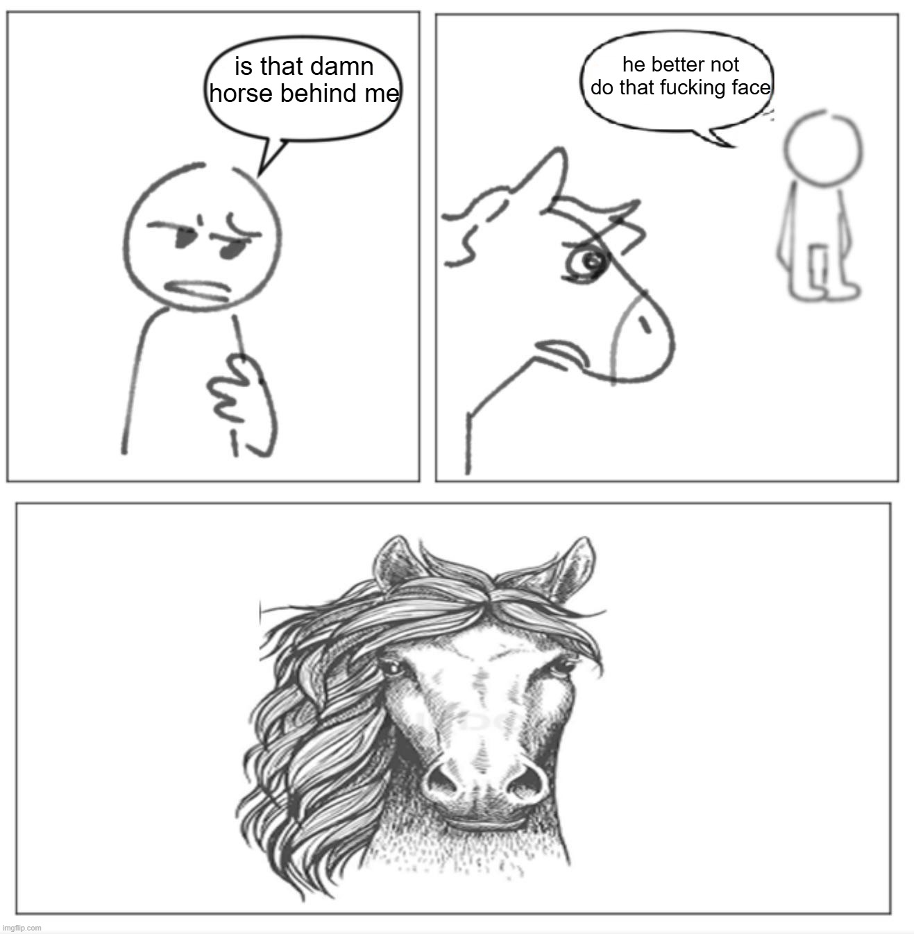 he better not do that fucking face; is that damn horse behind me | made w/ Imgflip meme maker