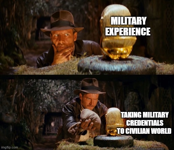 military | MILITARY EXPERIENCE; TAKING MILITARY CREDENTIALS
TO CIVILIAN WORLD | image tagged in indiana jones swap | made w/ Imgflip meme maker